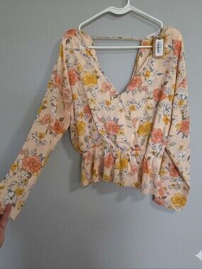 vestique Peach Floral Wrap Blouse with Yellow & Coral Accents
